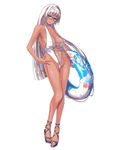  breasts contrapposto covered_nipples dark_skin front-tie_top glasses hand_on_hip highres hime_cut innertube large_breasts long_hair navel nenchi original pale_skin silver_hair simple_background skindentation slingshot_swimsuit solo standing swimsuit very_long_hair 