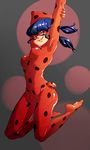  arms_up blue_eyes blue_hair bodysuit breasts covered_nipples domino_mask earrings full_body grin highres jewelry jumping ladybug_(character) long_hair low_twintails magical_girl marinette_dupain-cheng mask medium_breasts miraculous_ladybug polka_dot smile solo twintails yabby yo-yo 