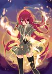  absurdres fire flame highres itou_noiji jewelry long_hair official_art pendant red_eyes red_hair school_uniform shakugan_no_shana shana solo sword thighhighs very_long_hair weapon zettai_ryouiki 