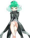  arms_behind_back black_dress blush bottomless dress green_eyes green_hair jindai3663 looking_at_viewer mouth_hold navel one-punch_man pussy simple_background solo tatsumaki white_background 