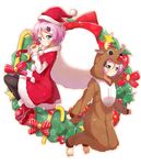  animal_costume antlers barefoot black_legwear blue_eyes blush boots bow cane carrying_over_shoulder christmas christmas_ornaments dress flower full_body fur_trim hair_between_eyes hair_flower hair_ornament hat highres holding holly hood jewelry karakuri_futaba karakuri_hitoha long_sleeves looking_at_viewer multiple_girls pantyhose pink_hair pom_pom_(clothes) red_bow red_dress red_footwear red_hat red_ribbon reindeer_costume ribbon sack santa_costume santa_hat shiime short_hair short_over_long_sleeves short_sleeves siblings simple_background sisters star striped striped_bow tokyo_7th_sisters twins white_background wreath 