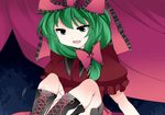  :d aqua_eyes boots commentary_request cross-laced_footwear dress femdom front_ponytail green_hair hair_ribbon hammer_(sunset_beach) kagiyama_hina knees_up open_mouth out-of-frame_censoring puffy_sleeves red_dress ribbon sadism sitting smile solo touhou tsurime 