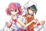  1girl :p blue_eyes choker green_hair hiiragi_yuzu hood jewelry multicolored_hair necktie pendant pink_hair red_eyes red_hair rento_(rukeai) sakaki_yuuya school_uniform short_twintails simple_background smile tongue tongue_out twintails two-tone_hair yuu-gi-ou yuu-gi-ou_arc-v 