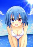  :d beach bikini blue_eyes blue_hair cloud day heterochromia highres looking_at_viewer ocean open_mouth outdoors red_eyes short_hair sky smile solo suigetsu_(watermoon-910) sunlight swimsuit tatara_kogasa touhou white_swimsuit 