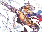  abs animal_ears armor armored_boots boots braid breasts brown_eyes commentary_request covered_navel erune gauntlets granblue_fantasy heles highres holding holding_weapon huge_breasts kicking long_hair melon22 metal_boots open_mouth polearm sideboob silver_hair solo teeth thigh_boots thighhighs thighs trident very_long_hair weapon wolf_ears 