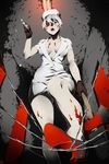  arizuka_(catacombe) axe barbed_wire blood breasts brown_gloves cleaning cleavage eyepatch gloves grey_hair hat high_heels highres holding holding_weapon looking_at_viewer medium_breasts no_bra nurse nurse_cap open_mouth original red_eyes short_hair solo syringe teeth weapon 