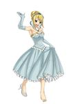  barefoot blonde_hair brown_eyes diadem dress elbow_gloves fairy_tail full_body gloves highres looking_at_viewer lucy_heartfilia open_mouth shoes simple_background single_shoe solo strapless strapless_dress white_background xsorax812 