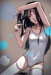  black_eyes black_hair collarbone cutting_hair light long_hair original scissors severed_hair shiroi_cha solo swimsuit thighhighs vignetting 