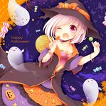  &gt;_&lt; ;o belt blush bow bracelet breasts buttons candy cleavage closed_eyes collarbone cowboy_shot food ghost glint halloween halloween_costume happy_halloween hat hat_bow holding holding_food jack-o'-lantern jewelry looking_at_viewer medium_breasts navel_cutout one_eye_closed open_mouth orange_bow original pink_eyes pink_hair pumpkin sanotsuki short_hair solo star sweets v witch_hat 