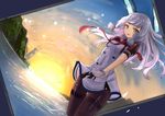  absurdres dutch_angle gloves highres kantai_collection lighthouse long_hair murakumo_(kantai_collection) pantyhose remodel_(kantai_collection) silver_hair sketch slm solo sunset thighband_pantyhose water wet yellow_eyes 