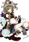  animal_ears animal_skull bandages belt boots brown_eyes brown_hair claws ears_through_headwear fox_ears fox_tail hood karei knees_together_feet_apart looking_at_viewer midriff mouse navel open_mouth orb original short_hair sitting skirt solo tail white_background 