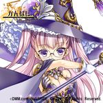  annalina_rehn breasts cape cleavage copyright_name frills glasses gloves hat kanpani_girls keroyon lavender_hair logo long_hair medium_breasts official_art purple_eyes solo staff two_side_up white_background white_gloves witch_hat 