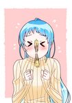  &gt;_&lt; alternate_costume blue_hair blush clenched_hands closed_eyes flying_sweatdrops food kantai_collection long_hair mouth_hold pocky pocky_day samidare_(kantai_collection) solo sweater yokoshima_(euphoria) 