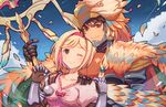  1girl ;) animal_costume armor artist_name ayuto blonde_hair breastplate brown_eyes brown_hair collarbone djeeta_(granblue_fantasy) feathered_wings feathers gauntlets granblue_fantasy hair_between_eyes hairband hand_on_another's_shoulder helmet holding holding_weapon nezahualpilli one_eye_closed petals pink_hairband polearm short_hair shoulder_pads smile upper_body weapon white_wings wings 