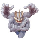  grey_skin highres machamp multiple_arms no_humans open_mouth pokemon pokemon_(creature) polyacryla red_eyes simple_background solo white_background 
