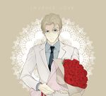  blonde_hair blue_eyes bouquet flower formal hagikou_(l6lul6l) holding holding_bouquet jojo_no_kimyou_na_bouken kira_yoshikage male_focus necktie rose solo suit upper_body 