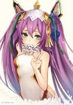  bare_shoulders blush covered_navel green_eyes hair_between_eyes hair_ornament highres lakshmi_(p&amp;d) long_hair looking_at_viewer mouth_hold number purple_hair puzzle_&amp;_dragons sketch smile solo twintails twitter_username v very_long_hair yukihama 