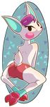  abstract_background animal_crossing anthro bike_shorts black_nose butt cervine clothed clothing deer diana_(animal_crossing) eyelashes female fur greycoat hair half-dressed hooves looking_at_viewer mammal nintendo raised_tail solo topless video_games white_fur 