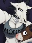  anthro bare_shoulders big_breasts breasts caprine cleavage clothed clothing collar demon duo female goat hi_res hladilnik horn licking looking_at_viewer male mammal midriff pentagram satanic seductive selfie shirt tank_top tongue tongue_out yellow_eyes 