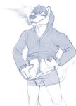  anthro canine clothing hi_res horrorbuns looking_at_viewer male mammal monochrome muscular penis simple_background solo teasing underwear white_background wolf 