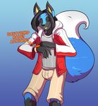  anthro canine clothed clothing english_text fox fur hair jaeh male mammal open_mouth simple_background smile solo text 