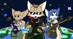  anthro belt blue_fur blue_hair brown_fur canine cape clothing eyewear fara_phoenix female fennec fox fox_mccloud fur gathion gem green_eyes group gun hair hair_ornament handgun jacket jewelry krystal male mammal nintendo planet ranged_weapon staff star_fox sunglasses video_games weapon white_fur 