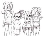  1boy 3girls blush breasts cleavage clothed clothing denim denim_shorts female inkling male monochrome multiple_girls nintendo octoling pointy_ears shorts splatoon takozonesu tentacle_hair unknown_artist video_games yuta_agc 