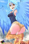  2015 absurd_res avian blue_hair butt clothing female hair harpy hi_res nipple_bulge papi_(monster_musume) rainbowscreen shorts solo talons 