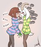  2015 ambiguous_gender anthro asriel_dreemurr black_sclera blush boss_monster caprine claws clothed clothing dullvivid duo english_text female freckles frisk_(undertale) fur gloves goat hair hand_holding horn human long_ears male mammal monster open_mouth protagonist_(undertale) red_eyes simple_background smile standing sweater teeth text undertale video_games white_fur 