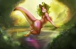  anthro digitigrade female fur green_hair hair mammal mustelid nude otter pink_fur pond pussy solo water watsup 