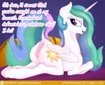 2015 animal_genitalia anus butt cutie_mark dialogue dock english_text equine equine_pussy female feral friendship_is_magic hair horn long_hair mammal multicolored_hair my_little_pony open_mouth patreon princess_celestia_(mlp) purple_eyes pussy solo stradivarius text winged_unicorn wings 