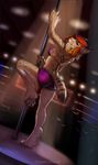  anthro bra breasts brown_fur clothed clothing feline female fur hair half-closed_eyes hi_res hindpaw inner_ear_fluff invalid_tag looking_at_viewer looking_back lynx mammal pawpads paws pole raised_leg red_hair shorts smile solo standing strip_club stripdance stripper_pole tight_clothing tongue tongue_out totesfleisch8 underwear 