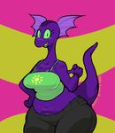  abstract_background big_breasts breasts cleavage clothed clothing english_text female freckles green_eyes mangneto monster monstro_village purple_body slightly_chubby solo text veronica_(the_weaver) wide_hips 