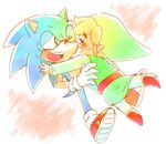  2boys blonde_hair blush crossover duo hair hedgehog hug hylian male mammal multiple_boys nintendo sonic sonic_(series) sonic_the_hedgehog super_smash_bros super_smash_bros. the_legend_of_zelda the_legend_of_zelda:_the_wind_waker toon_link unknown_artist video_games 