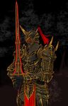  armor black_armor gauntlets helmet highres holding holding_weapon knight kooten_bergh_no_youhei original plate_armor spiked_helmet sword tassel weapon 