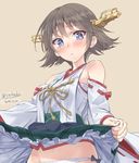  bare_shoulders blue_eyes blush brown_hair dated detached_sleeves headgear hiei_(kantai_collection) kantai_collection panties plaid plaid_skirt ribbon-trimmed_sleeves ribbon_trim short_hair simple_background skirt skirt_lift solo twitter_username underwear white_panties yahako 