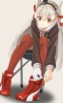  amatsukaze_(kantai_collection) gloves hairband highres kantai_collection long_hair remil shoes silver_hair smile solo tying_shoes 