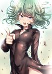  black_dress blue_eyes dress floating_rock green_hair looking_at_viewer one-punch_man open_mouth short_hair solo tai_(nazutai) tatsumaki 