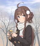  :t ahoge alternate_costume alternate_headwear blush brown_hair casual day downscaled eating enosan eyebrows eyebrows_visible_through_hair food grey_eyes hair_bun hairband highres kantai_collection kongou_(kantai_collection) long_hair looking_at_viewer md5_mismatch outdoors resized scarf sidelocks solo sweet_potato tree upper_body white_scarf winter_clothes yakiimo 