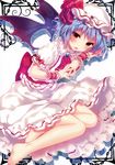  absurdres ascot barefoot bat_wings blue_hair blush fang full_body hat hat_ribbon highres looking_at_viewer mob_cap non-web_source open_mouth puffy_sleeves red_eyes remilia_scarlet ribbon riichu sash scan shirt short_hair short_sleeves sitting skirt skirt_set solo touhou wings wrist_cuffs 
