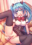  blue_eyes blue_hair blush bow bowtie breasts covering covering_crotch dress dress_lift hatsune_miku highres long_hair medium_breasts no_panties open_mouth solo spread_legs thighhighs twintails very_long_hair vocaloid youxuemingdie 