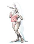  2015 anthro clothing coypowers female fur grey_fur hi_res lagomorph long_ears looking_down mammal panties pink_eyes rabbit shirt simple_background solo standing thick_thighs underwear whiskers white_background white_fur 