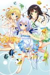  absurdres animal bare_shoulders barefoot black_hair blonde_hair blue_eyes blue_hair braid chestnut_mouth detexted dress fish gochuumon_wa_usagi_desu_ka? green_eyes hair_ribbon highres kafuu_chino kirima_sharo koi_(koisan) long_hair multiple_girls ribbon short_hair sleeveless smile third-party_edit twintails ujimatsu_chiya underwater 