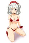  :o adapted_costume arm_support bell bell_collar beret bikini blue_eyes breasts christmas cleavage collar front-tie_top gloves hat hinnosuke kantai_collection kashima_(kantai_collection) kneeling large_breasts long_hair looking_at_viewer navel pom_pom_(clothes) silver_hair solo swimsuit wavy_hair 