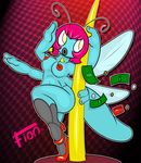  2015 anthro arthropod big_breasts breasts dancing dragonfly female fionthebunny hair hi_res insect money open_mouth pole pole_dancing simple_background solo tassels wings 