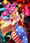  american_flag_dress american_flag_legwear ass blonde_hair breasts chima_q clownpiece fairy_wings hat jester_cap long_hair pantyhose pantylines pink_eyes small_breasts smile solo striped striped_legwear tongue tongue_out torch touhou very_long_hair wings 