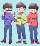  ;) black_hair bowl_cut brothers contrapposto cosplay costume_switch denim facial_mark half-closed_eyes hand_in_pocket hand_on_hip hood hoodie jeans layered_clothing male_focus matsuno_choromatsu matsuno_choromatsu_(cosplay) matsuno_karamatsu matsuno_karamatsu_(cosplay) matsuno_osomatsu matsuno_osomatsu_(cosplay) multiple_boys noruberusu one_eye_closed osomatsu-kun osomatsu-san pants protected_link siblings sleeves_rolled_up smile standing sunglasses sweatdrop thumbs_up triangle_mouth whisker_markings 