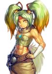  1girl abs arm_warmers bangs belt blonde_hair breasts cowboy_shot duel_monster frown gradient_hair green_hair hair_ribbon hair_tubes hand_on_hip headband jewelry long_hair looking_at_viewer midriff miniskirt multicolored_hair muscle muscular_female orange_hair parted_bangs pendant pouch red_hair reeze_whirlwind_of_gusto ribbon scarf simple_background skirt small_breasts solo strapless symbol-shaped_pupils tail tan tubetop twintails white_background yellow_eyes yilx yuu-gi-ou 