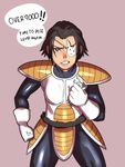  armor black_hair bodysuit bunny_eyepatch clenched_hands cosplay crushing dragon_ball dragon_ball_z english eyepatch gloves grey_eyes highres hits jane_doe_(john_doe) john_doe lips meme original over_9000 parody scouter short_hair solo sweatdrop vegeta vegeta_(cosplay) white_gloves 