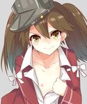  blush brown_hair collarbone embarrassed flashing flat_chest kantai_collection long_hair moonlaw nipples open_clothes ryuujou_(kantai_collection) solo twintails upper_body visor_cap 